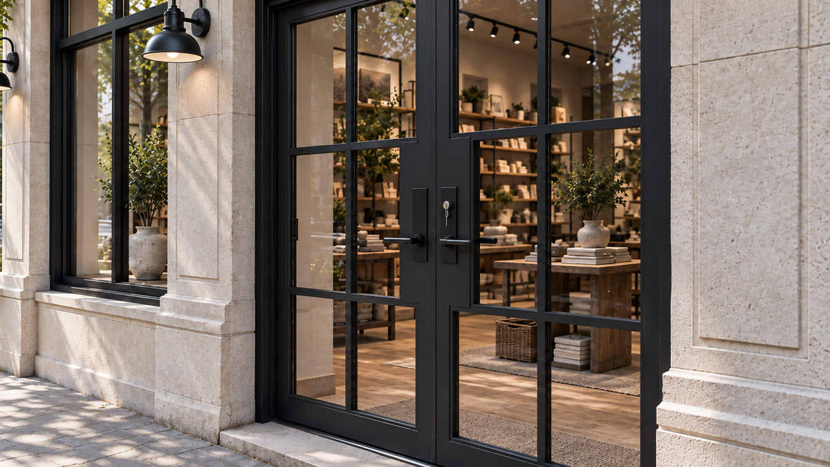 Black double glass entry doors with a warmly lit interior behind them