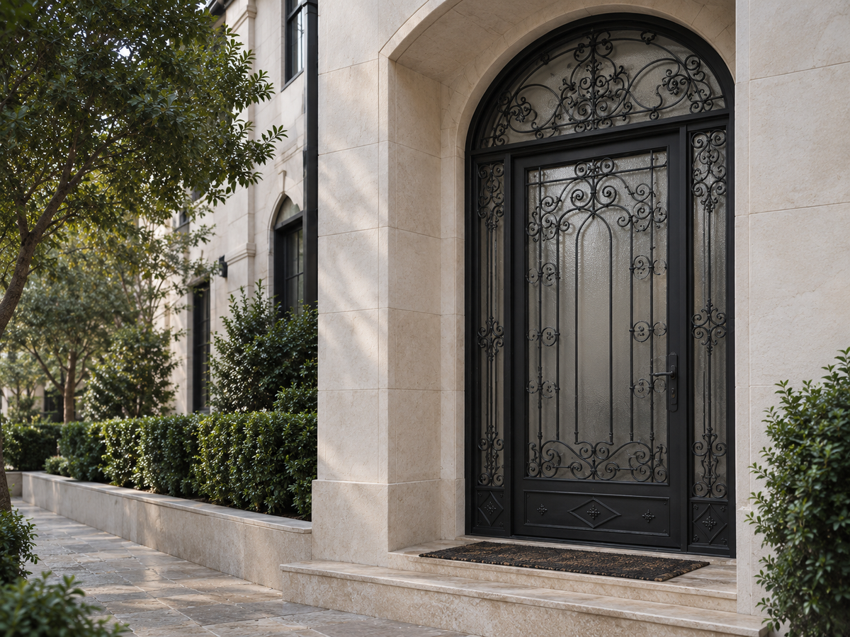 Ornate black double iron doors with an arched transom in a stone entrance