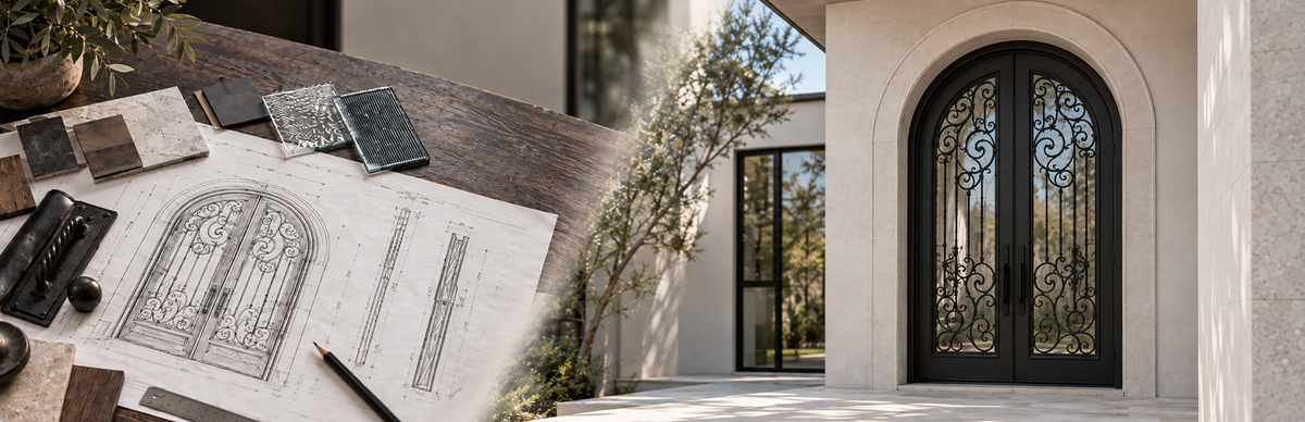Iron door technical drawing beside an installed arched iron door
