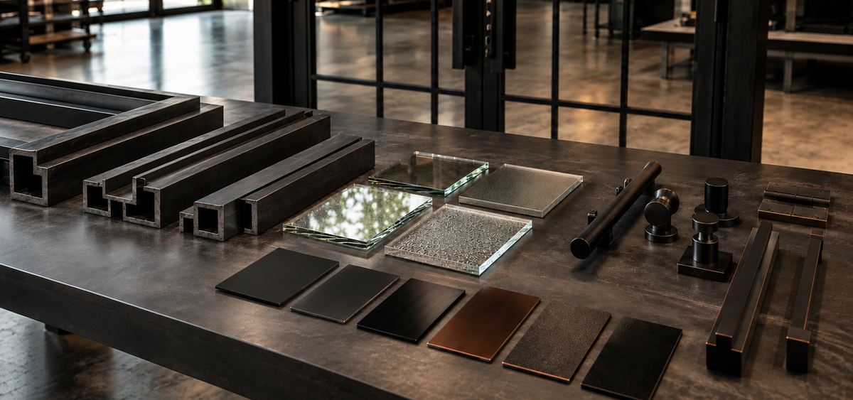 Metal profiles, glass and finish samples on a worktable