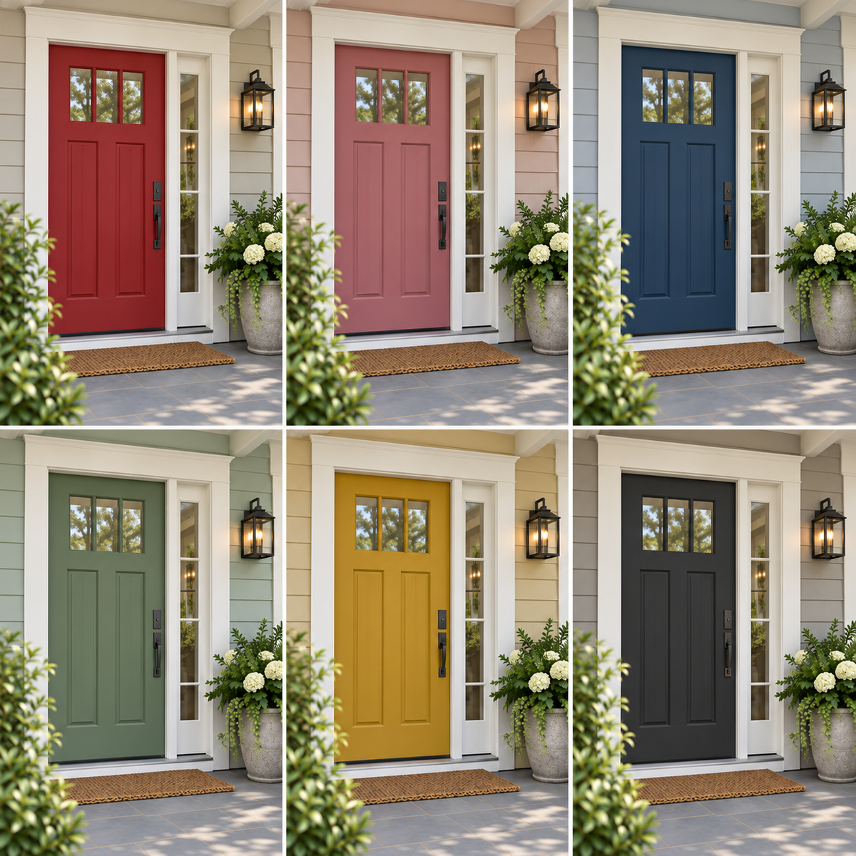 Collage of red, pink, blue, green, cream and teal entry doors at white houses