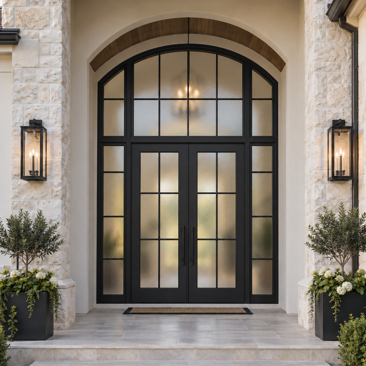 Arched black double French glass entry doors in a white house