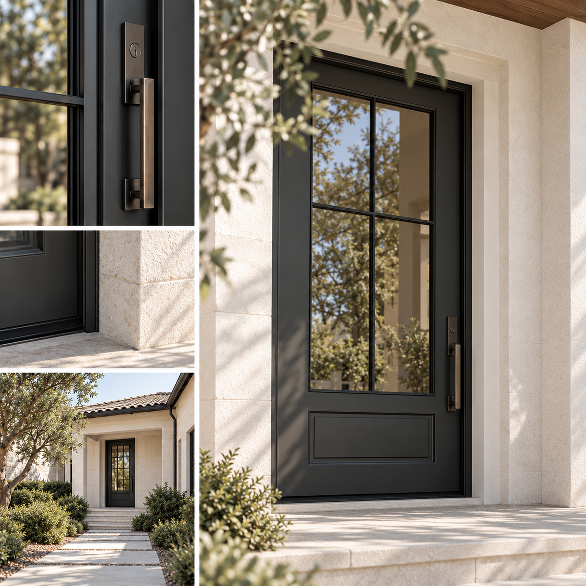 Collage of black iron entry doors installed in residential homes