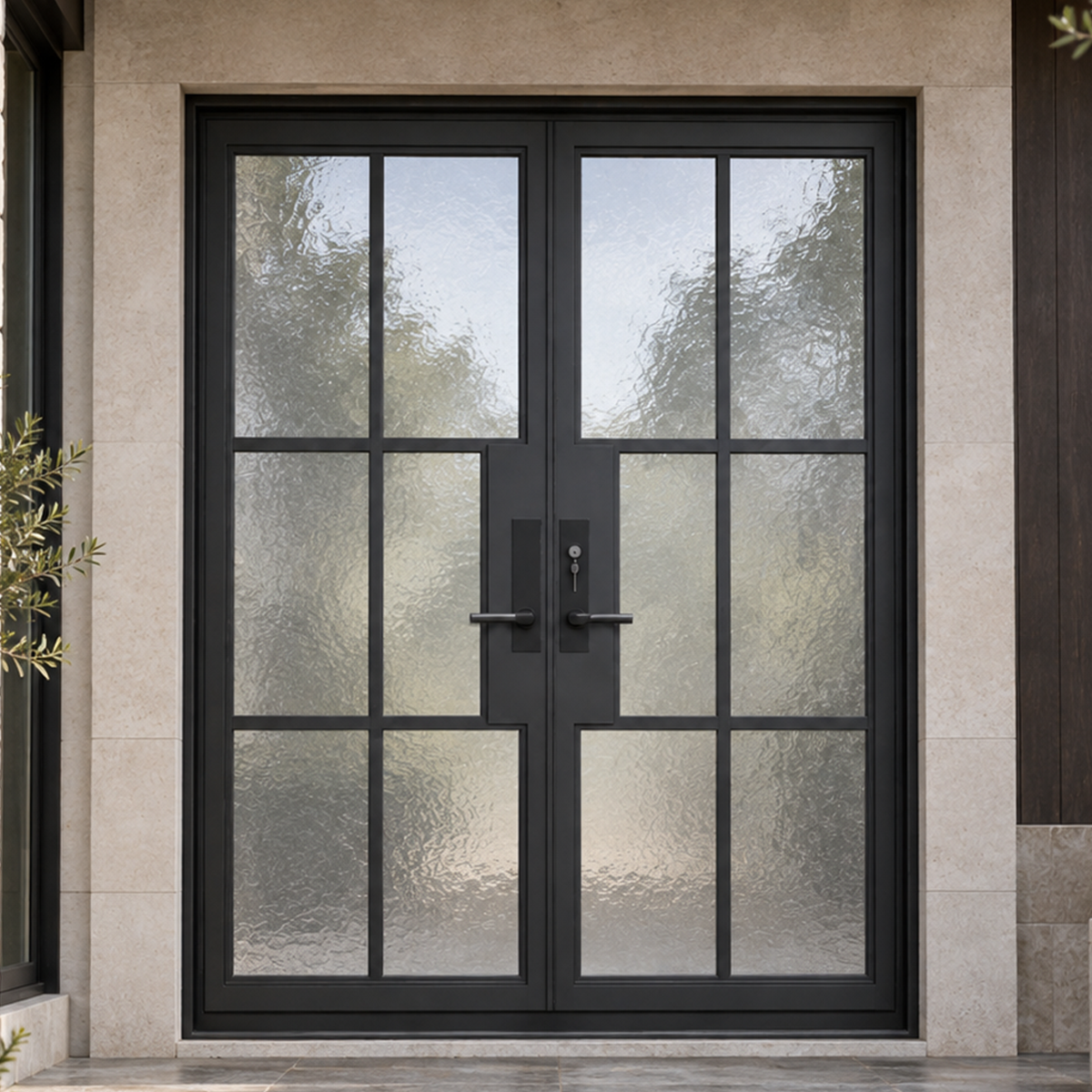 Black double French iron doors with grid glass panels at a home entrance