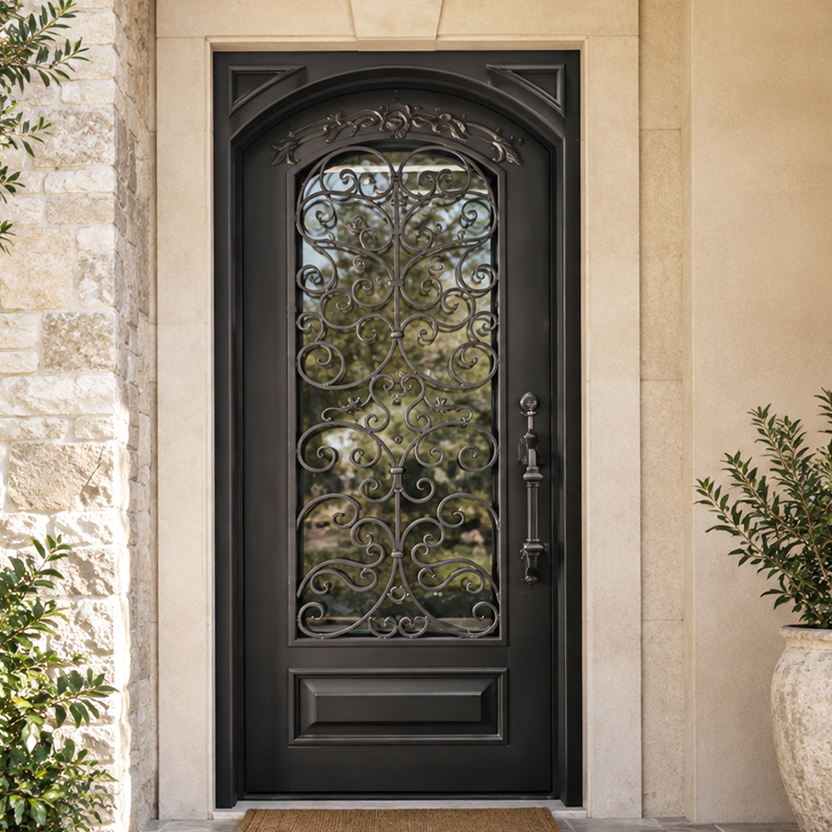 Single black scrollwork iron door with arched glass panels at a stone house