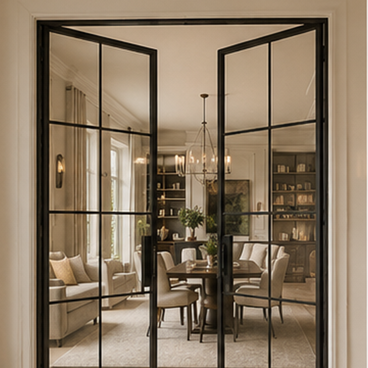 Open black double French glass doors in a home interior