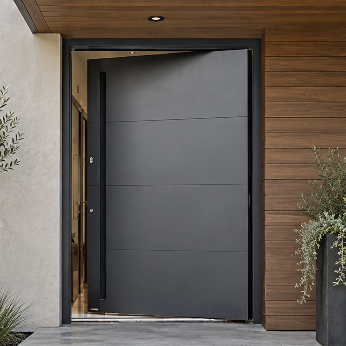 Modern solid black pivot entry door at a wood-clad house