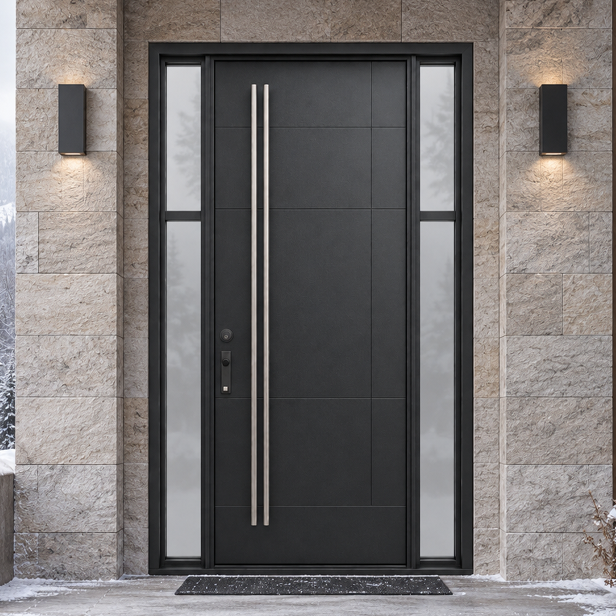 Modern single black entry door with vertical glass panels and sidelights
