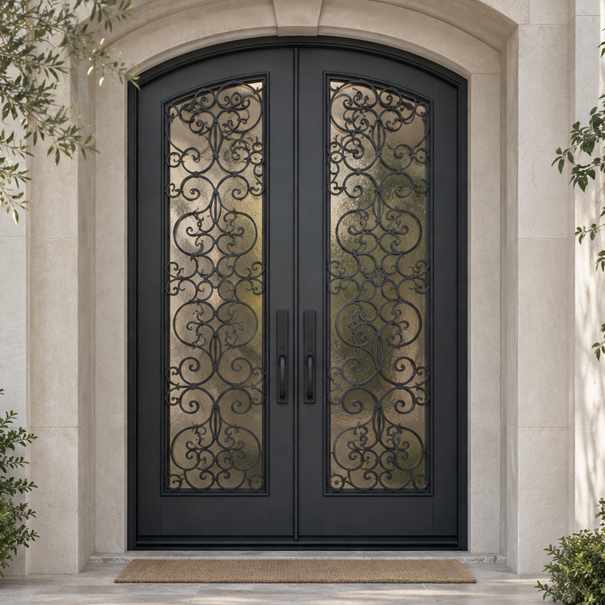 Black double iron doors with ornate scrollwork at a light stone house