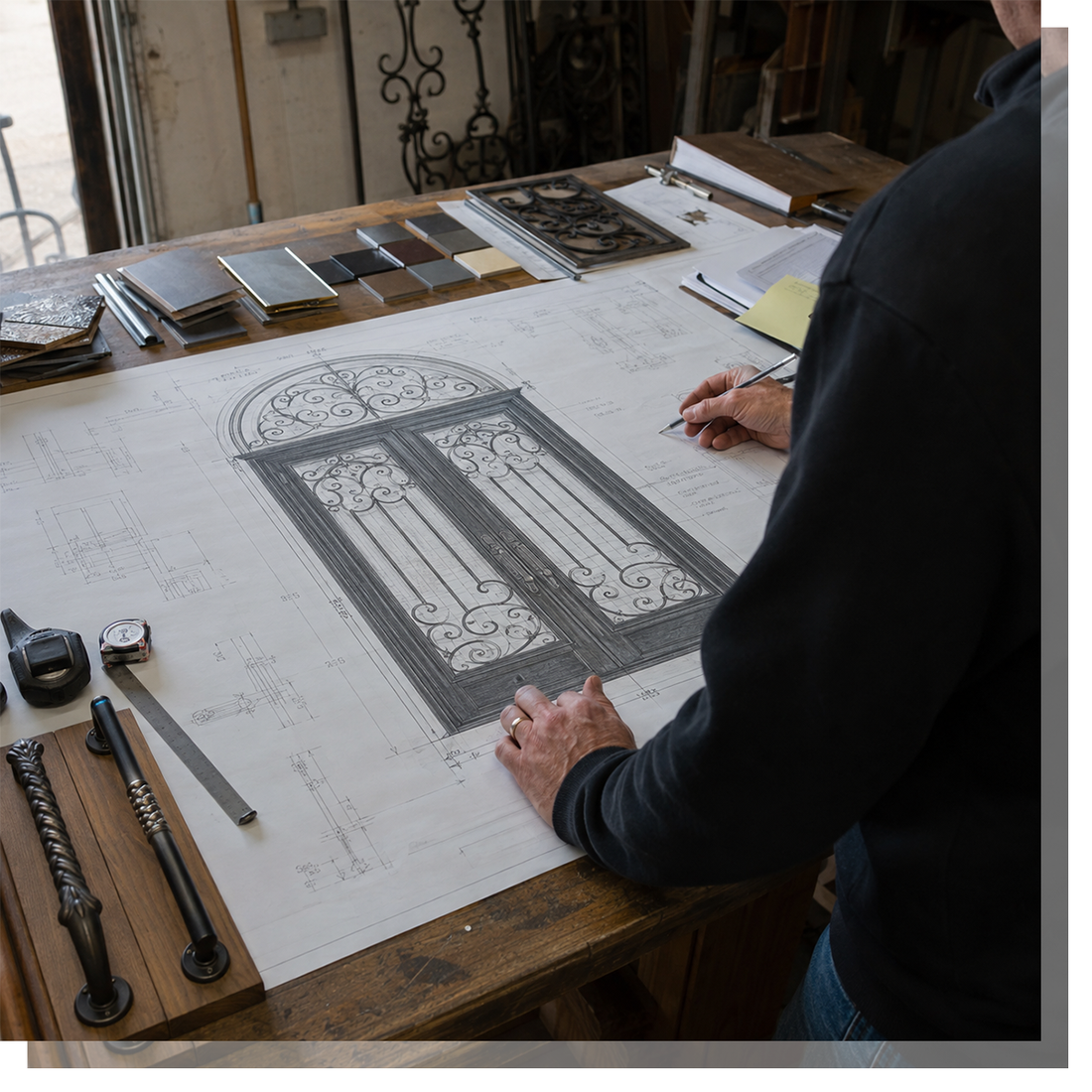 Iron door design drawing at a workbench