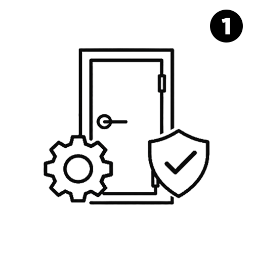 Step one icon showing an iron door, gear and shield