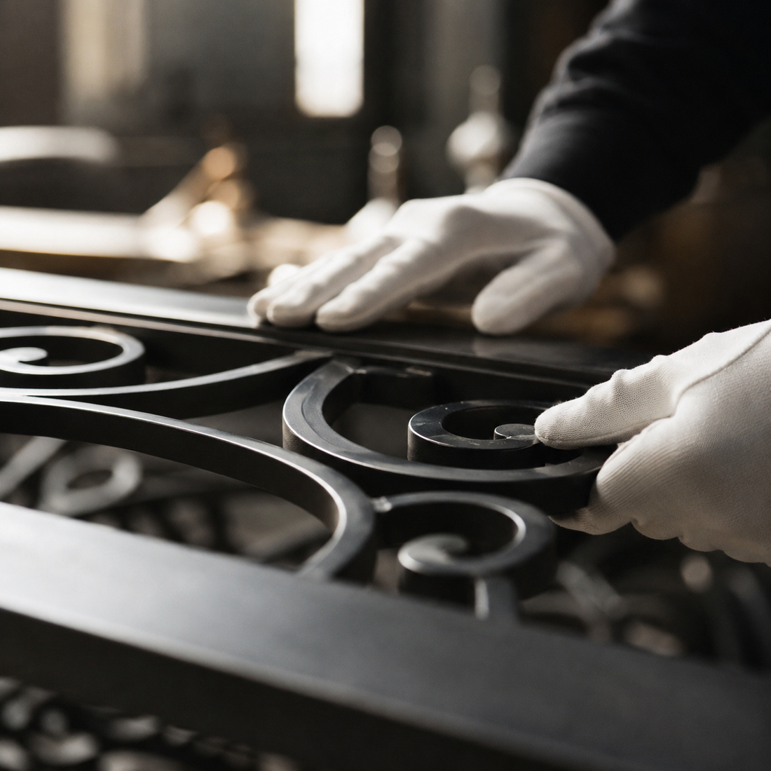 Gloved hands assembling decorative iron scrollwork