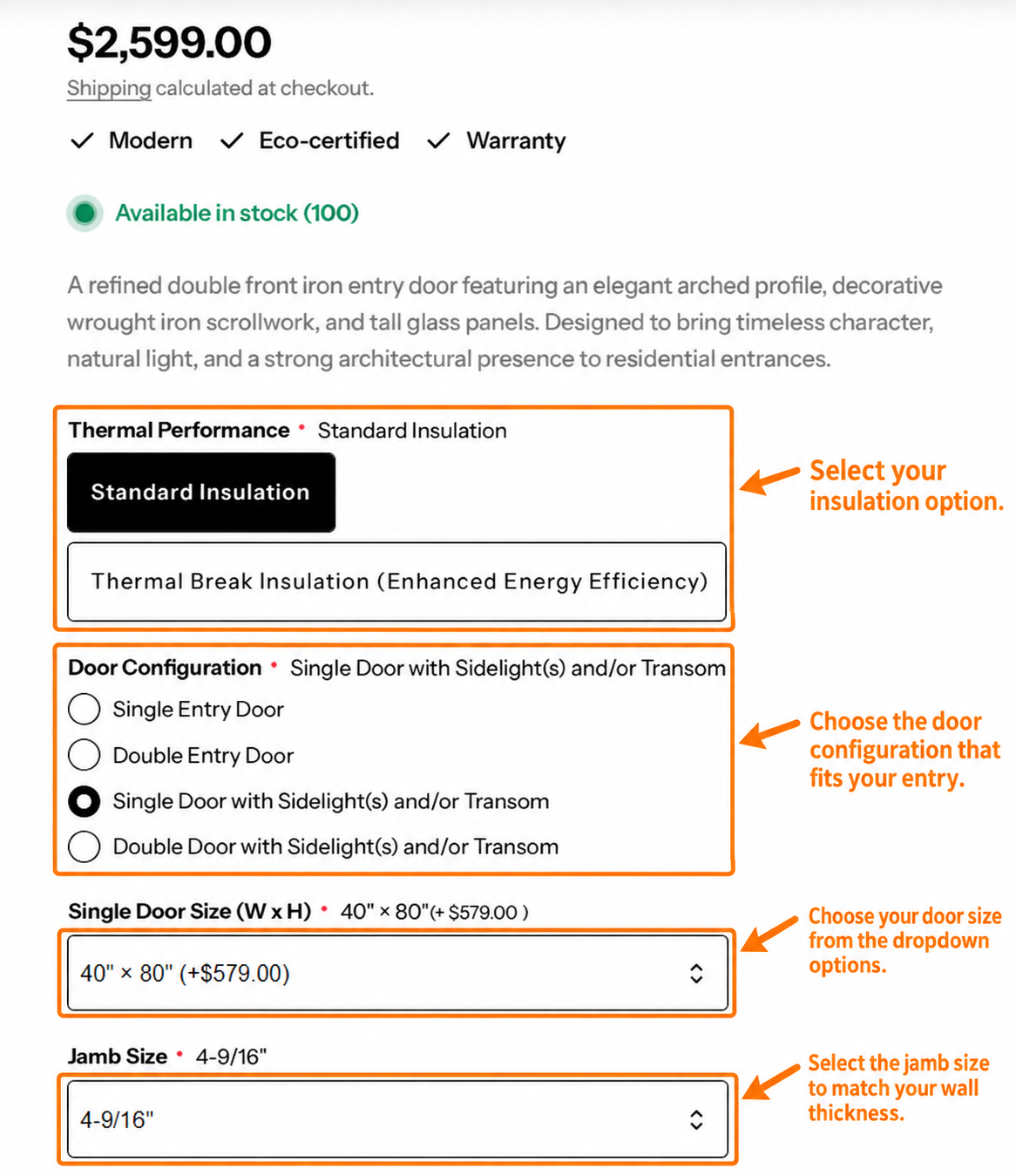 Door customization form showing dimensions and opening configurations