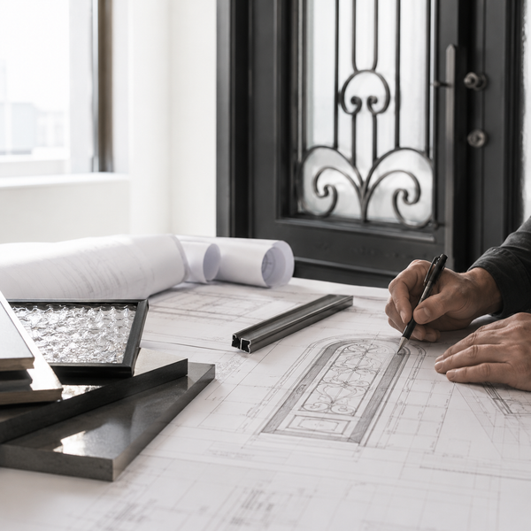 Hands reviewing architectural door drawings at a design table