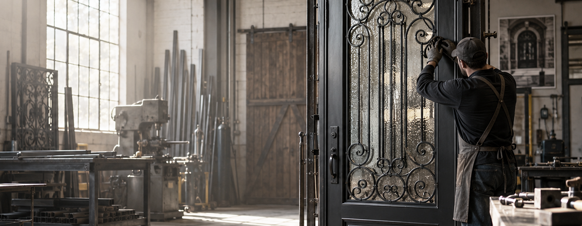 Craftsman working on iron doors in a workshop