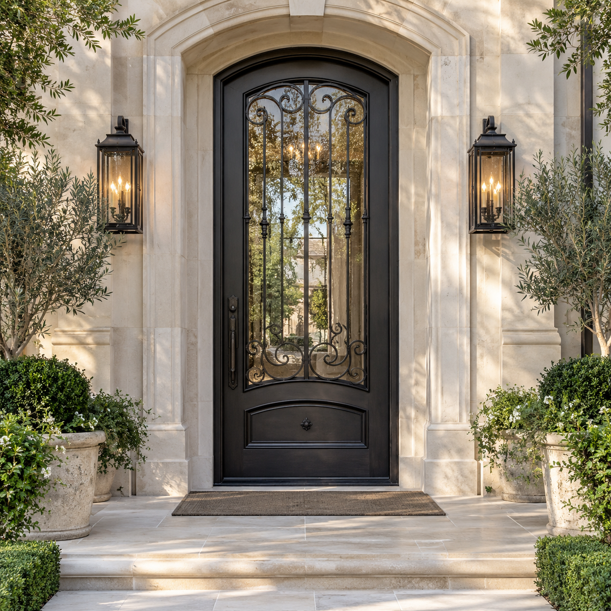 Single traditional scrollwork iron entry door at a stucco residence