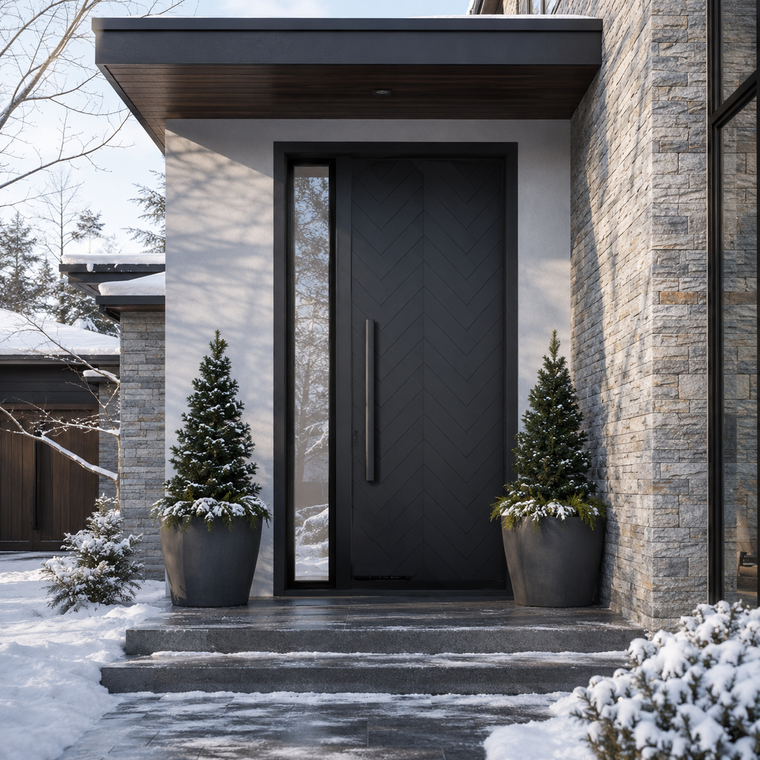 Solid black modern entry door in a snowy stone house