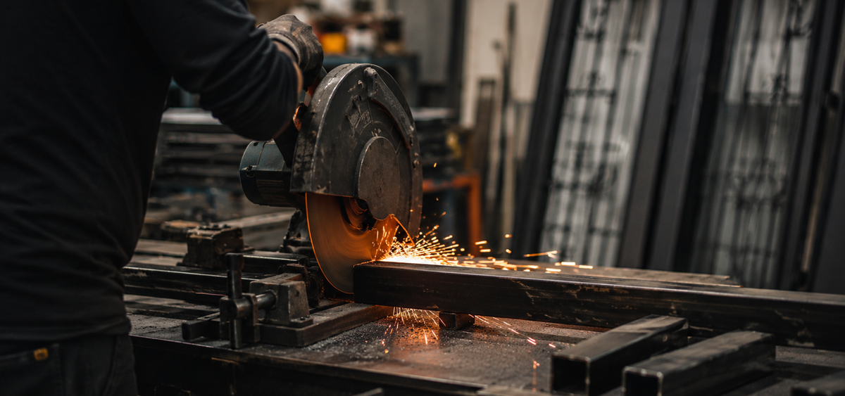 Worker cutting steel with a circular saw