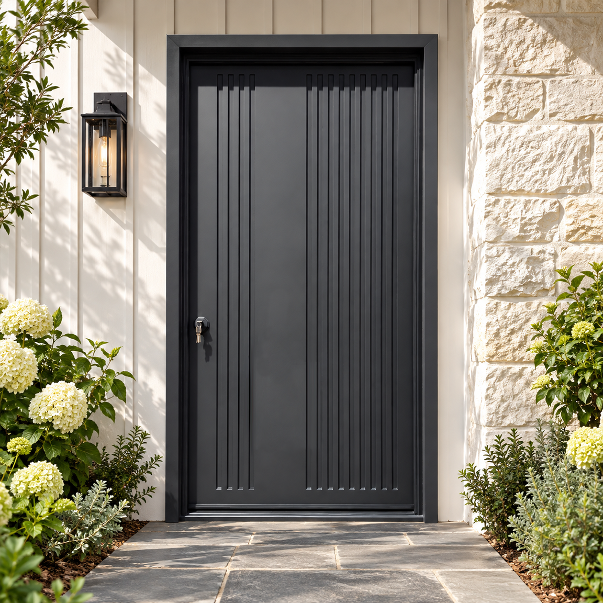 Exterior front view of a matte black single iron door with grouped vertical grooves and a smooth center panel.