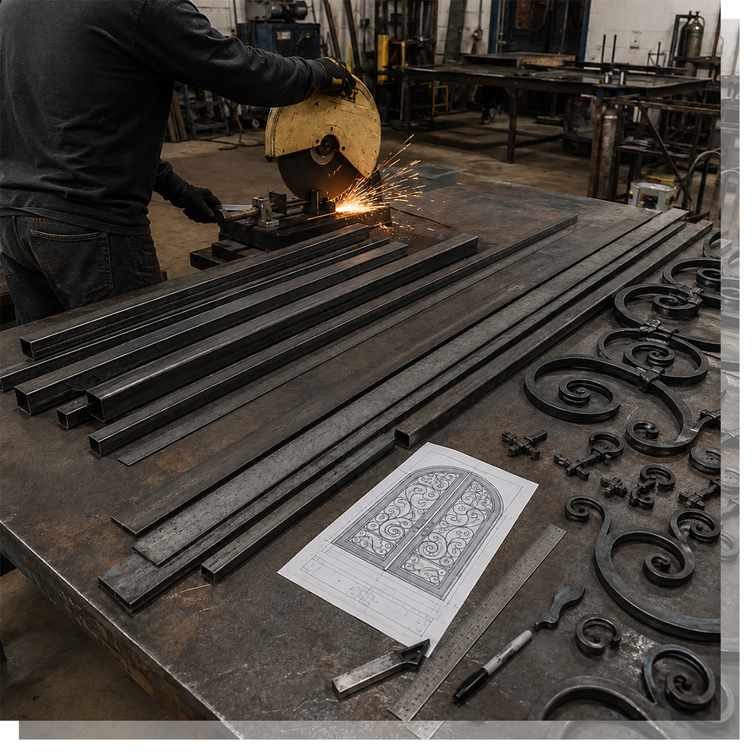 Worker measuring and cutting steel door components