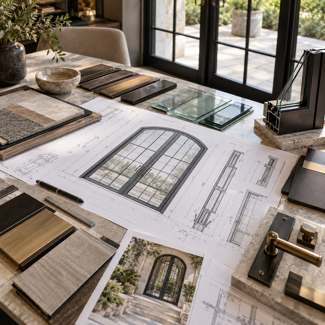 Architectural plans and finish samples in a design workspace