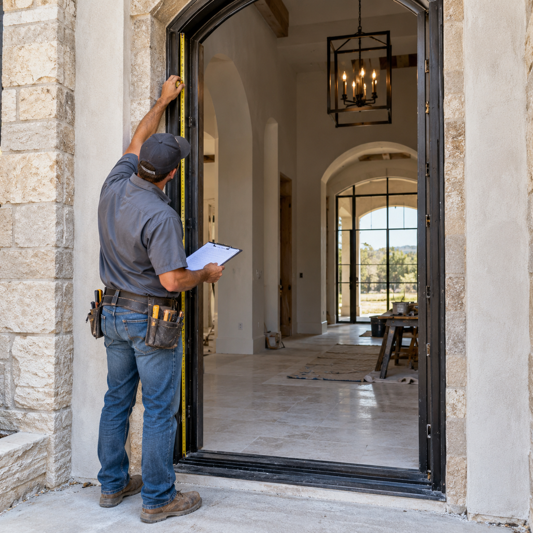 Worker inspecting an installed door with a tape measure and clipboard