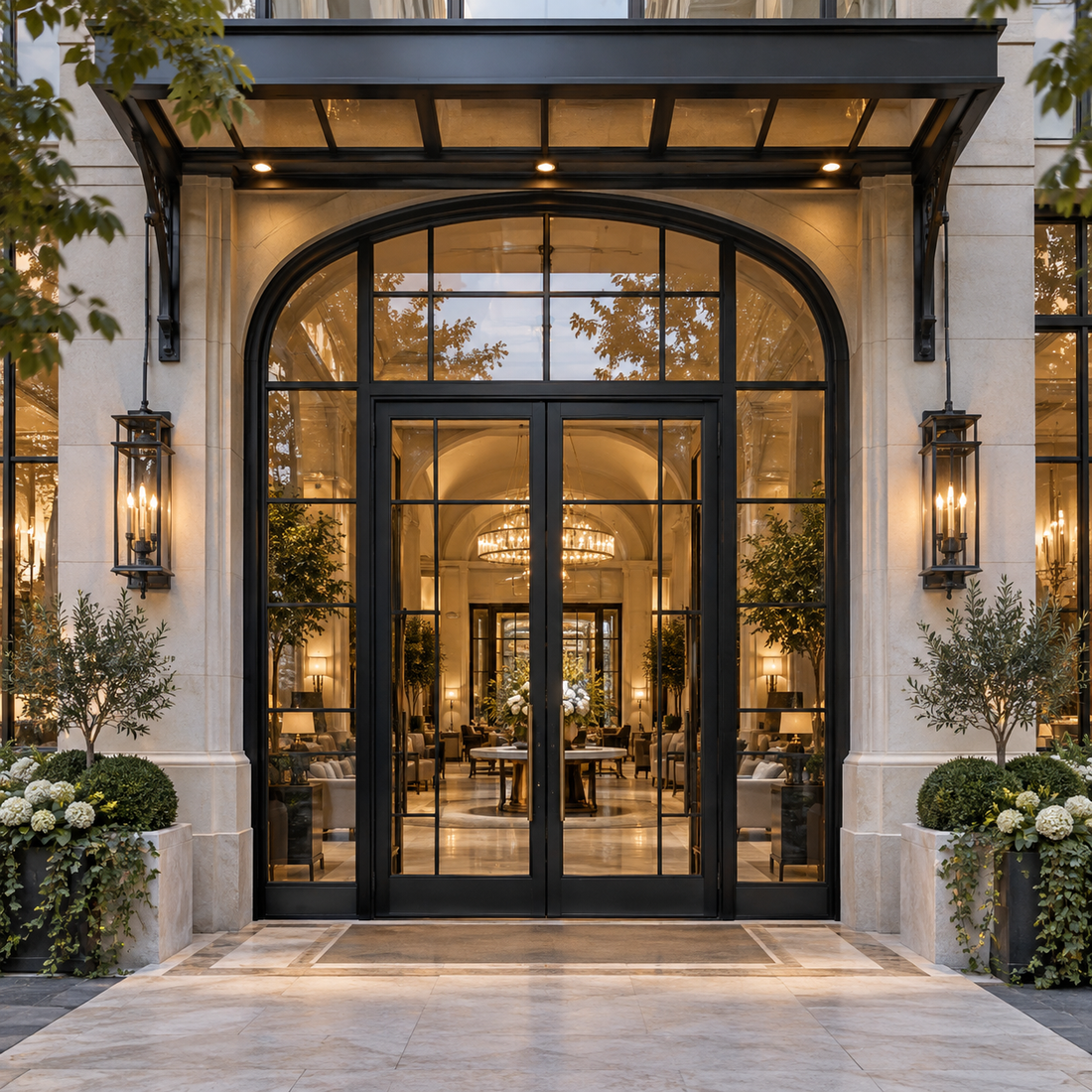 Arched black double glass doors at a commercial entrance