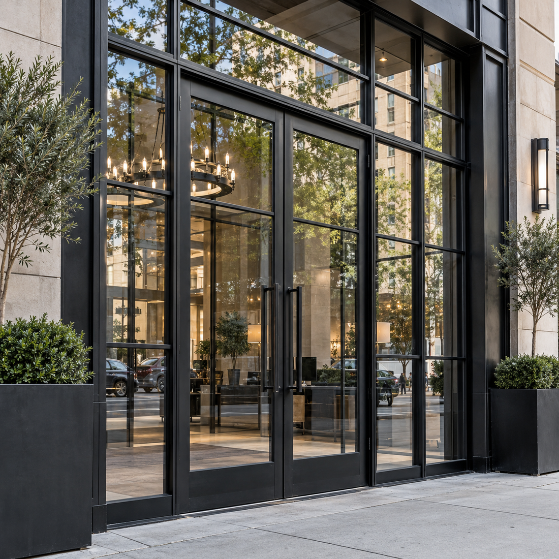 Black double glass doors at a commercial entrance