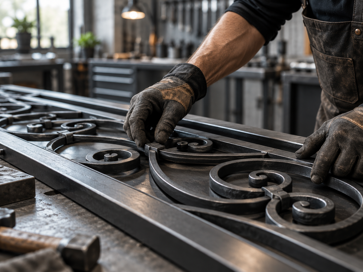 Gloved hands positioning decorative scrollwork in a metal door frame