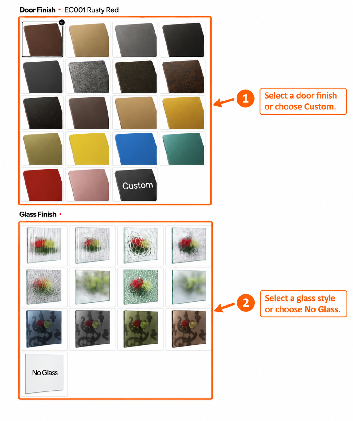 Door customization form showing finish color and glass selections