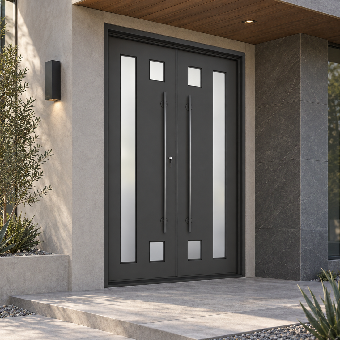 Black double iron entry doors with rectangular glass accents installed in a home