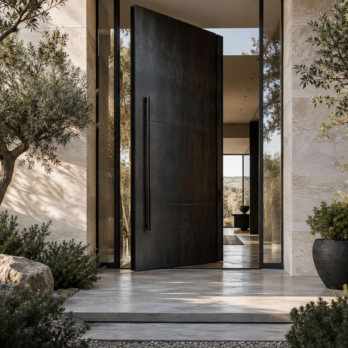 Oversized solid black pivot door partially open at a stone entrance