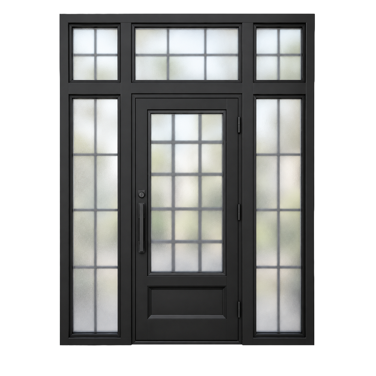 Rear view of an iron French entry door system with tall sidelights and divided glass transom
