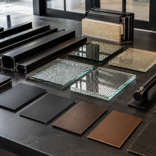 Iron door frame, glass and finish samples on a worktable