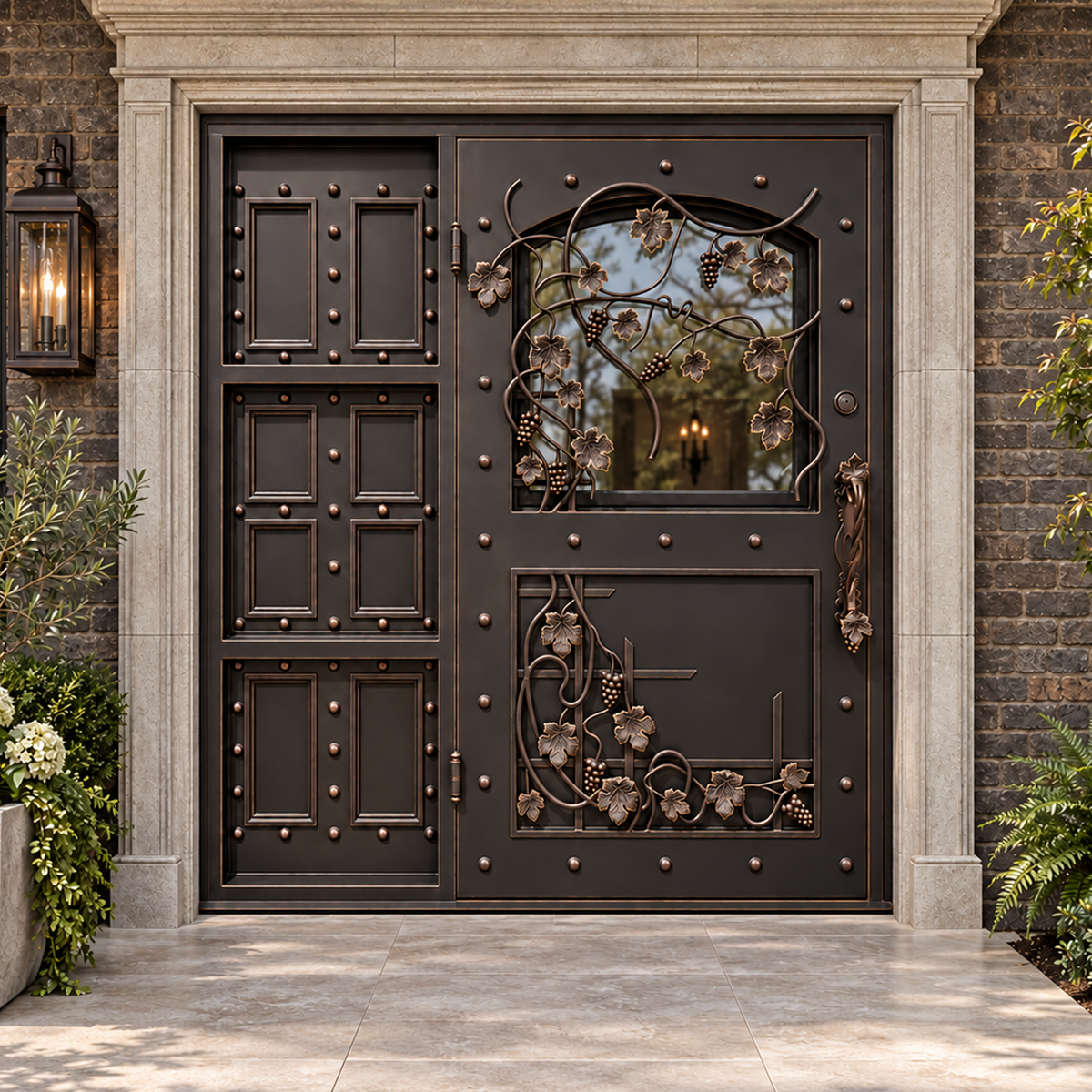 Classic Single Iron Front Door with Grapevine Detailing & Decorative Studs for Grand Entrances