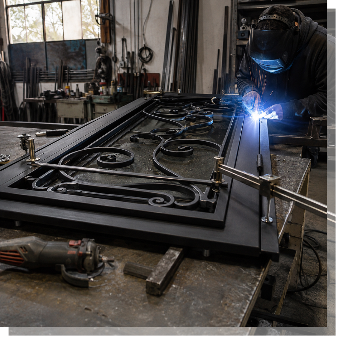 Worker welding an iron door frame