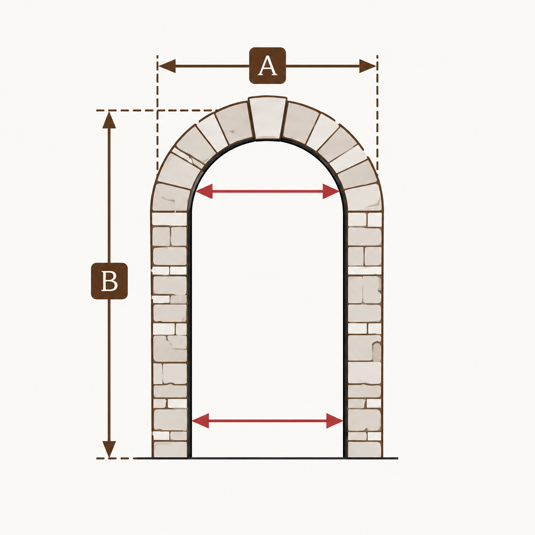 Arched masonry opening with width and height measurement guides