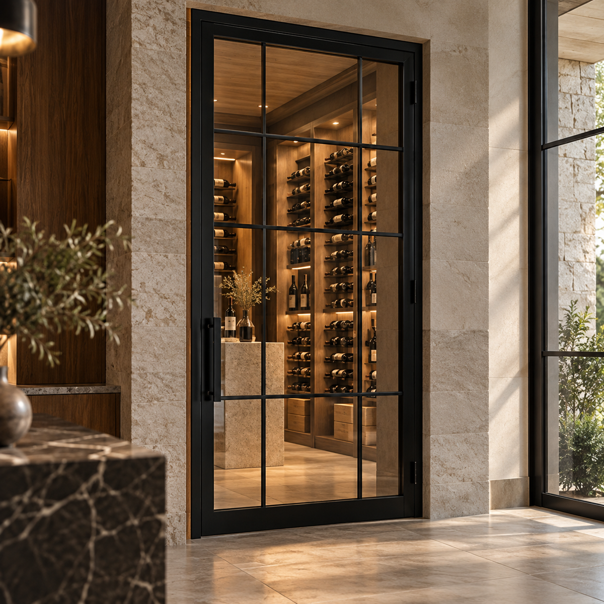 Single black grid glass door leading to a warmly lit wine cellar