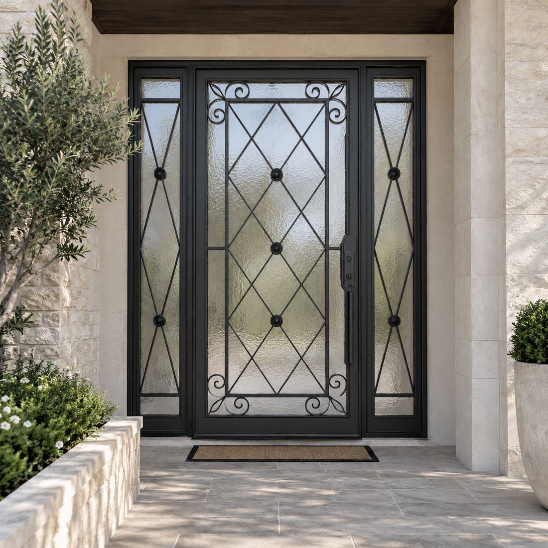 Black double iron doors with diamond lattice glass panels installed in a home