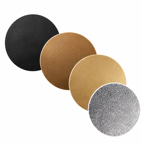 Circular black, bronze, silver and gold iron door finish samples
