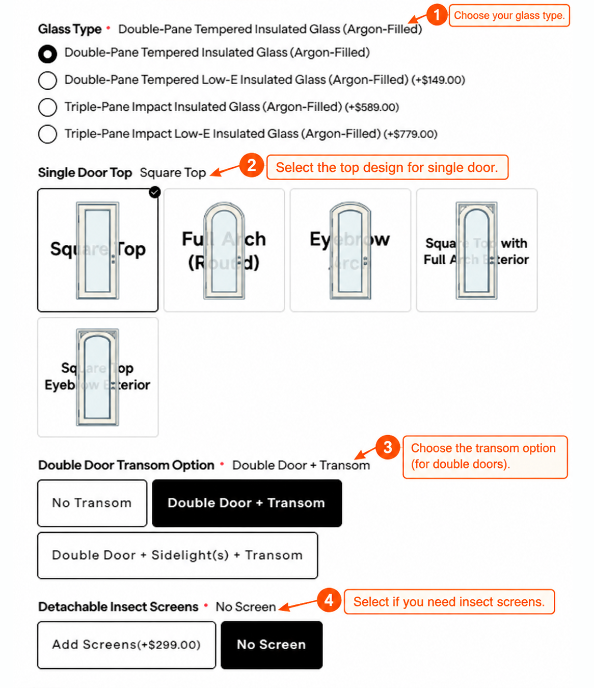 Door customization form showing glazing, insulation and top style options