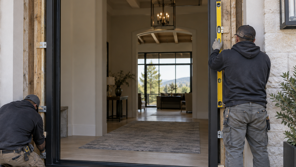 Installers positioning and leveling an iron door frame