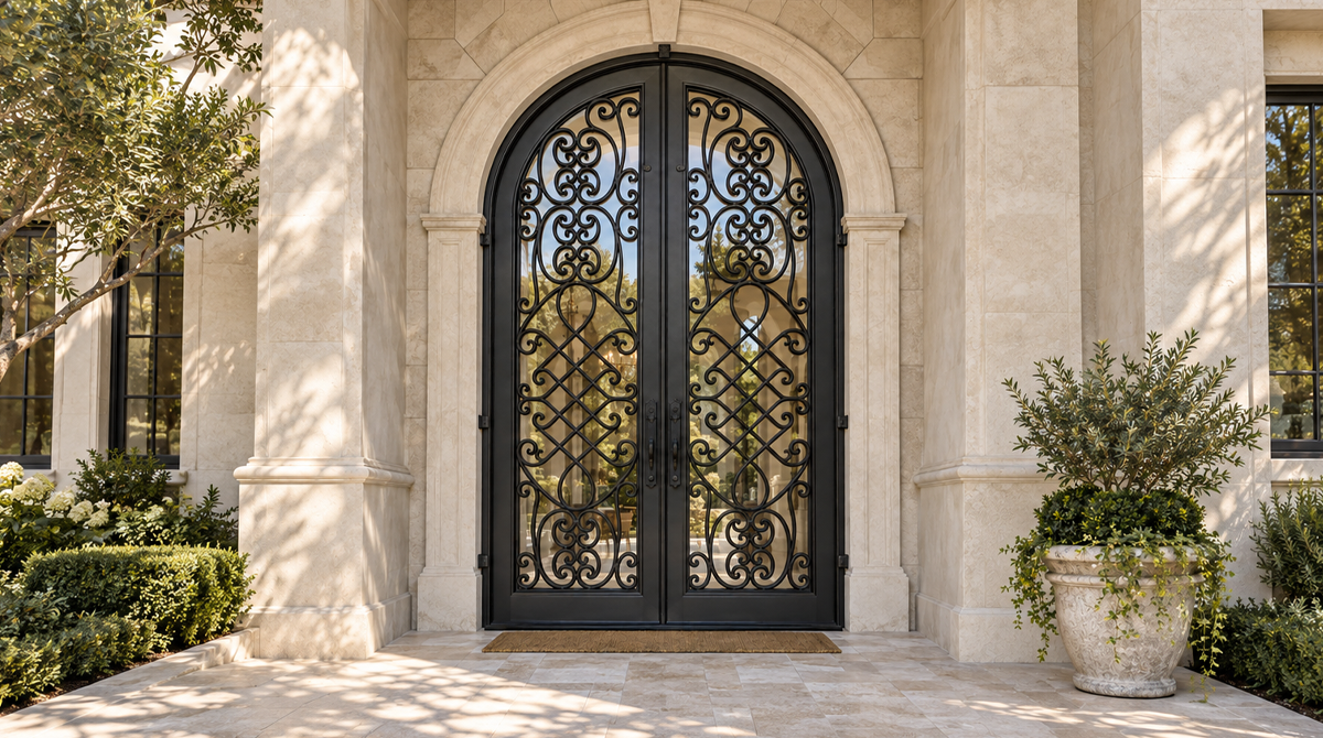 Completed arched double iron entry doors at a stone house