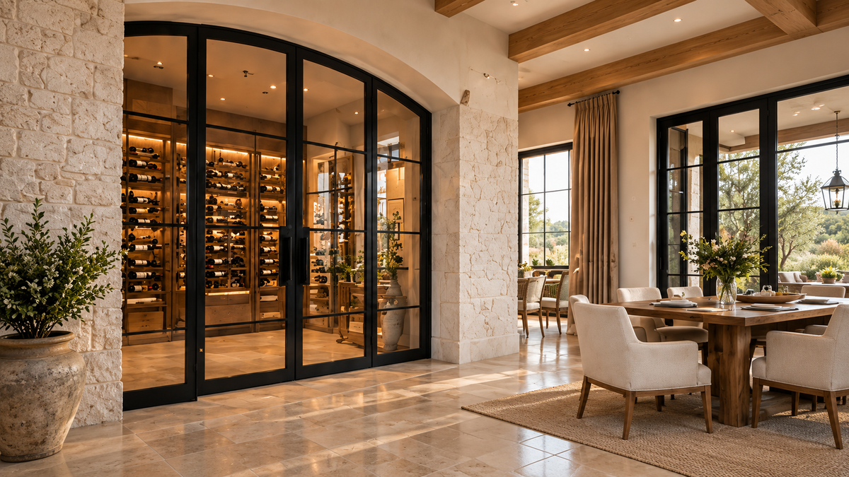 Black grid glass doors leading to an interior wine room