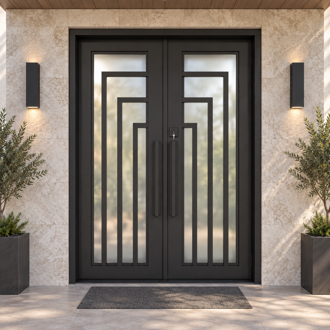 Modern black double iron entry doors with geometric glass panels in a stone entrance