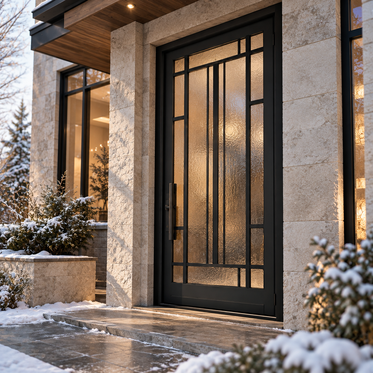 Black glass entry doors at a modern building