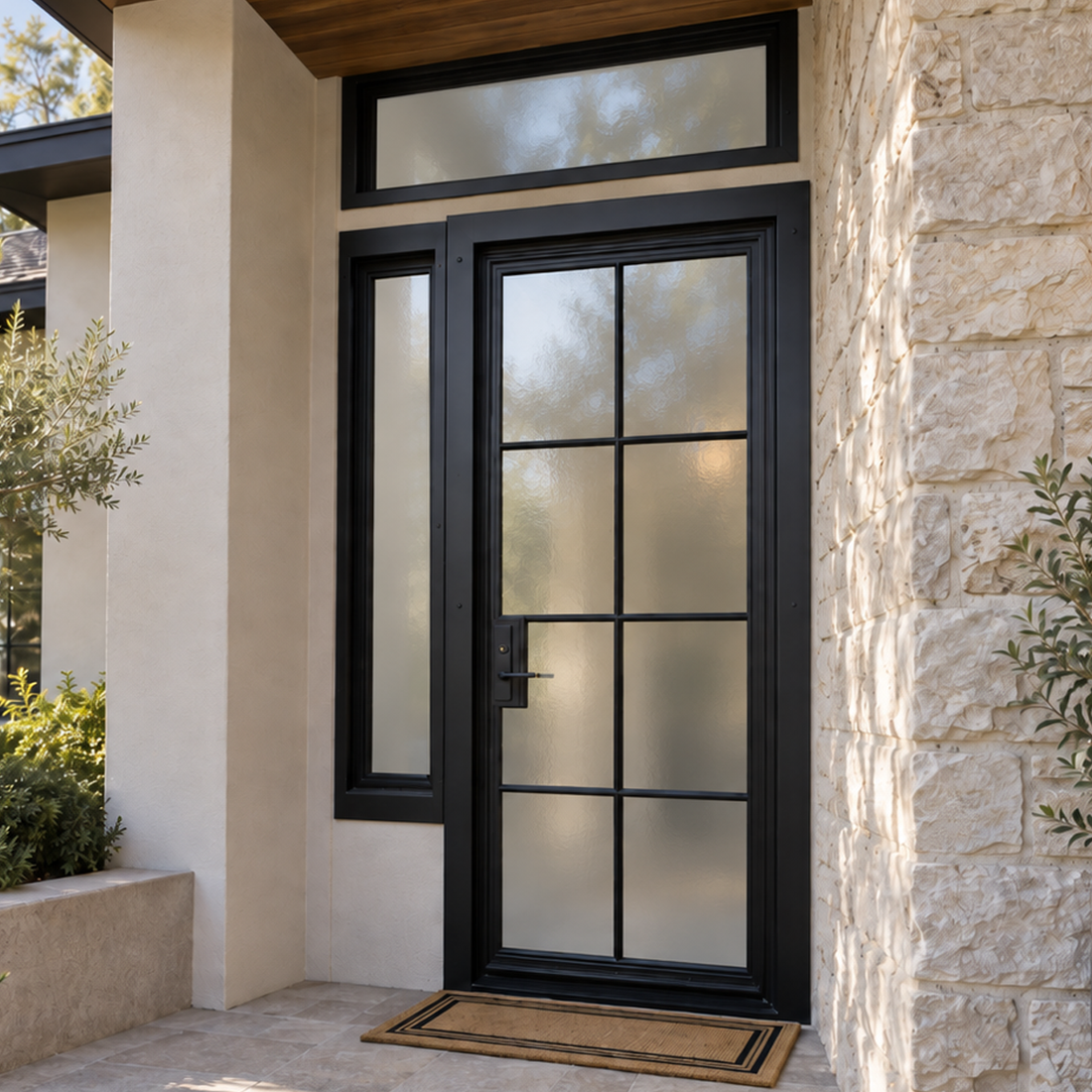 Single black French glass door with a rectangular transom installed in a home
