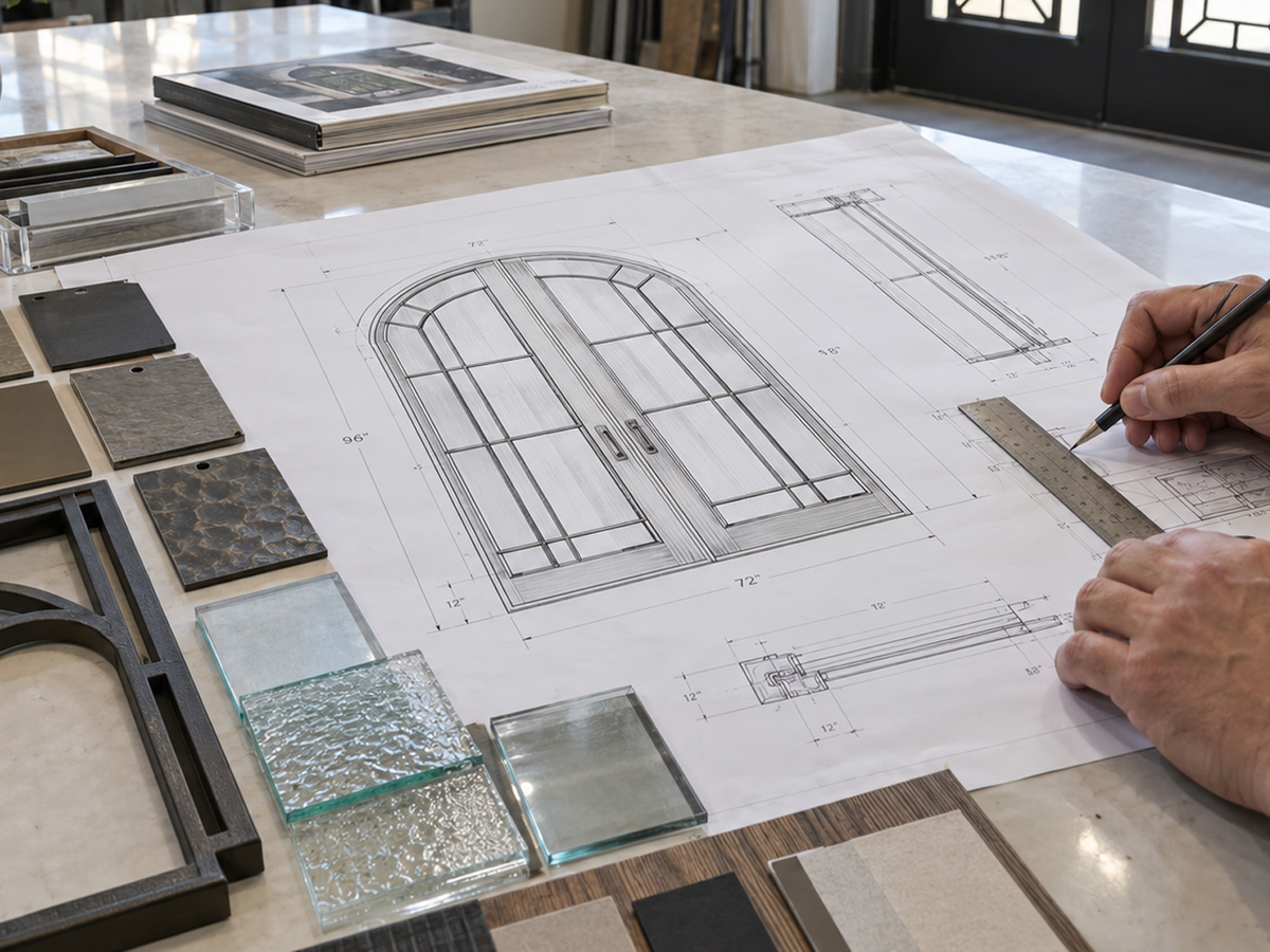 Iron door drawing, glass and finish samples on a design table