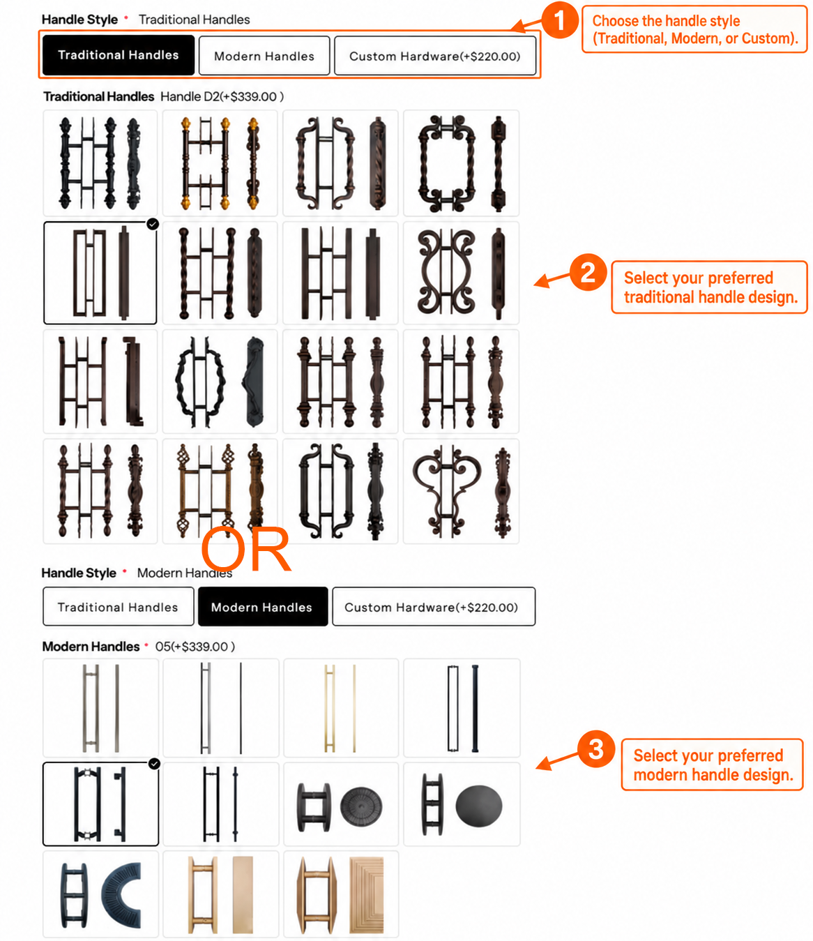 Door customization form showing handle options