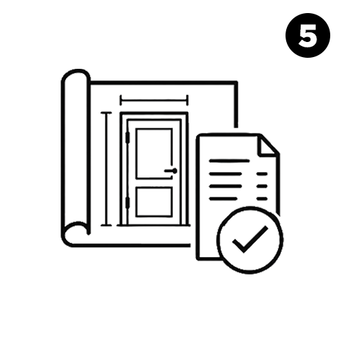 Step five icon showing a door, checklist and magnifier